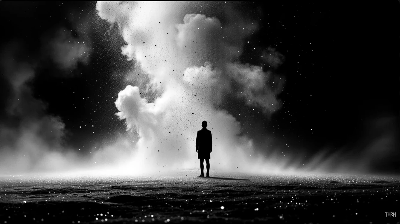 Silhouette facing a burst of light and cloud — mood reference for THRN's visual language