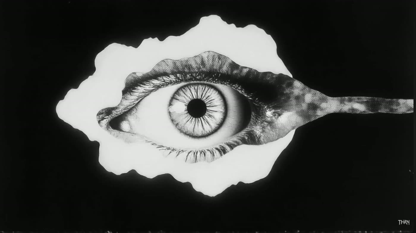 A single eye emerging from a torn, glowing white form — mood reference for THRN's visual language